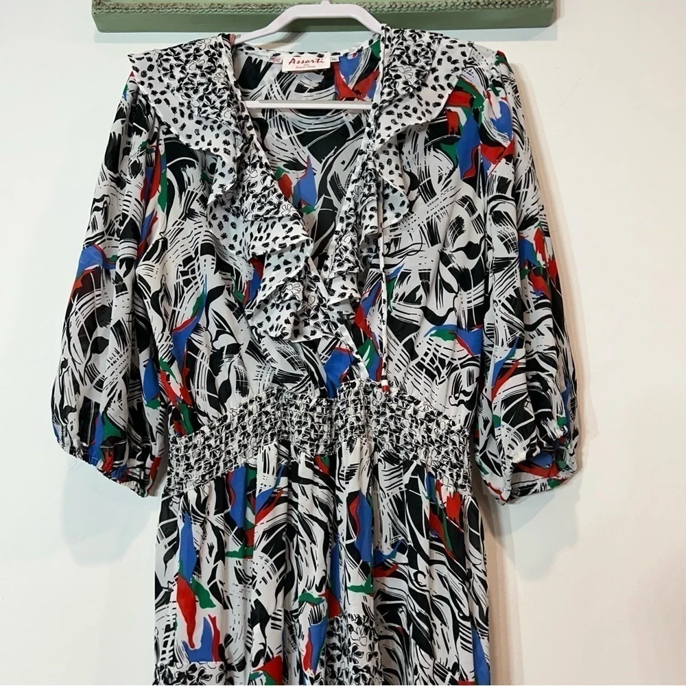 Vintage 80s Susan Fries Assorti women’s XL sheer swing print art boho dress - Picture 2 of 11